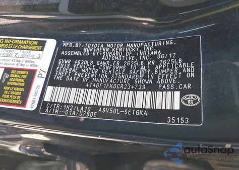 2012 Toyota Camry Xle z USA, uszkodzony, nr VIN 4T4BF1FK0CR234739